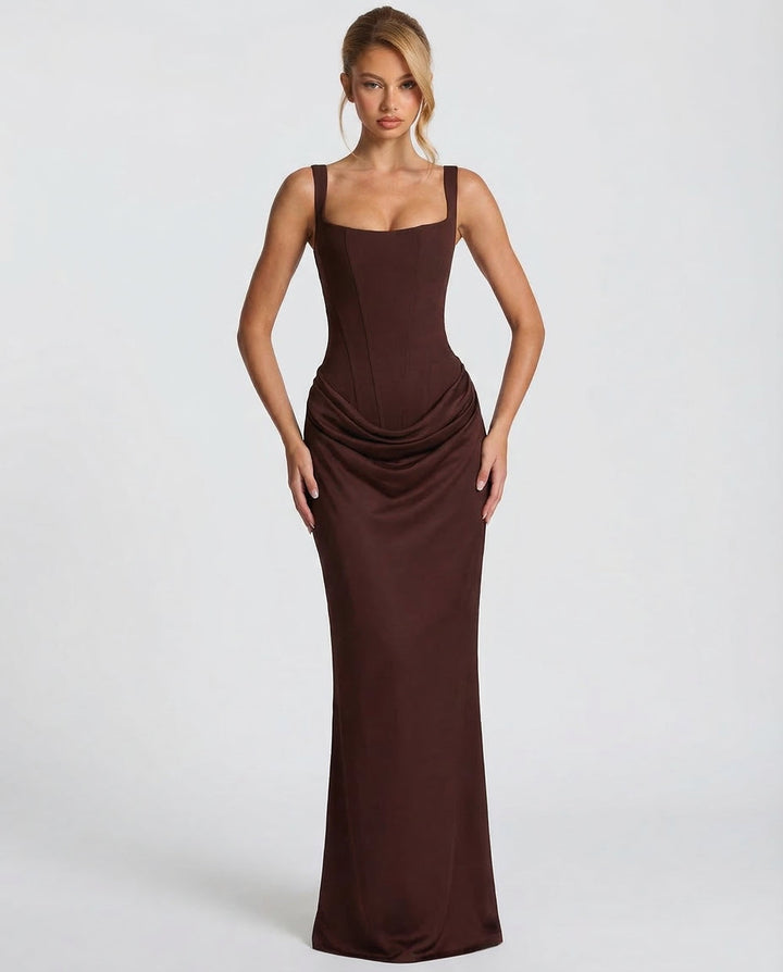 Maxi Dress for Women Fall Evening Dress with Square Neck and Draped Waist Silhouette