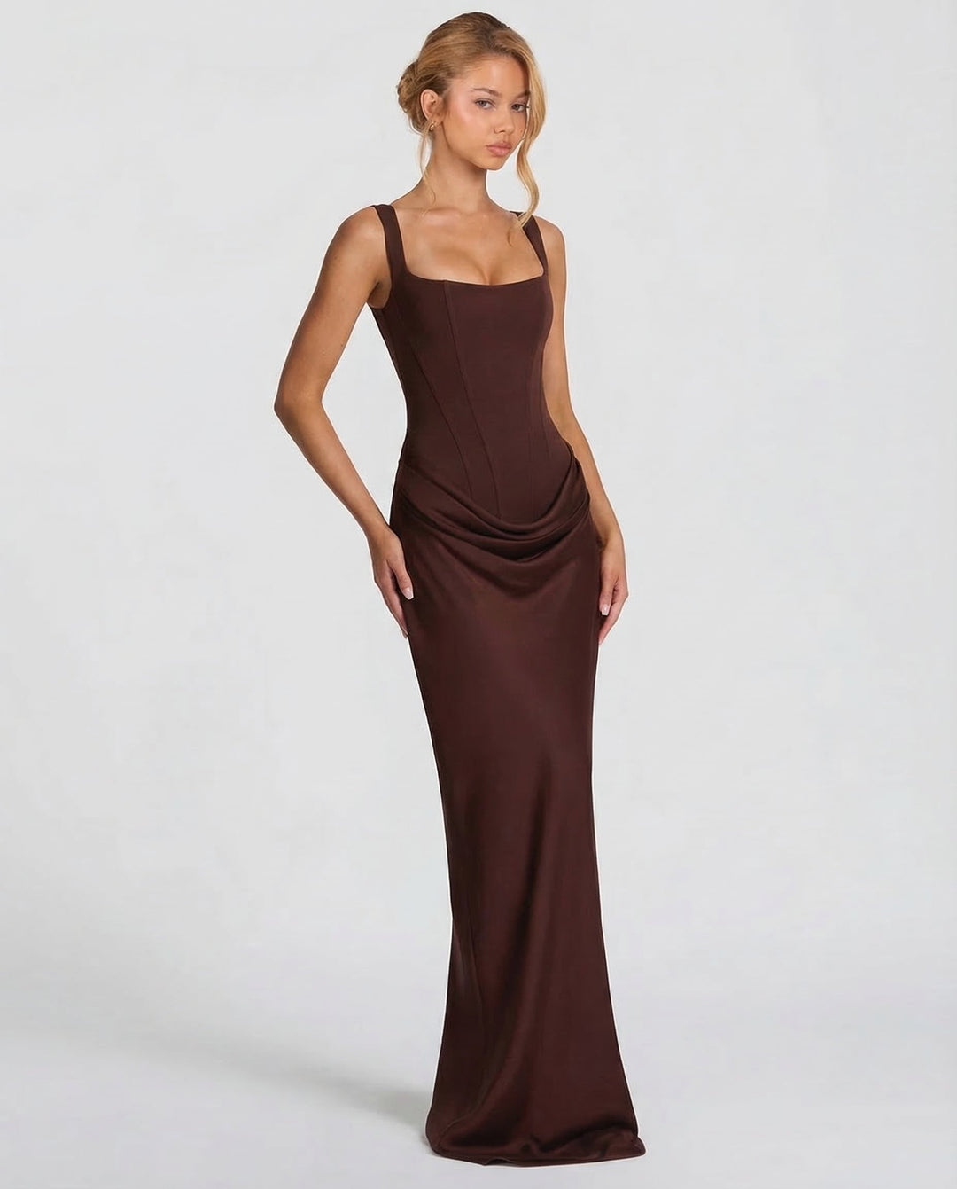 Maxi Dress for Women Fall Evening Dress with Square Neck and Draped Waist Silhouette