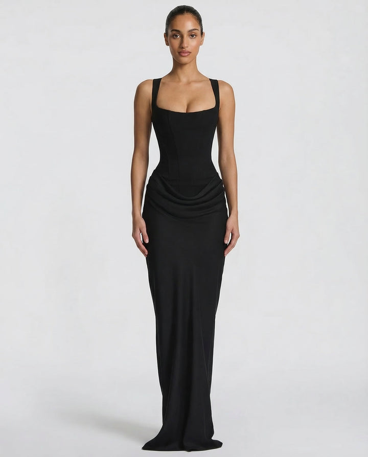 Maxi Dress for Women Fall Evening Dress with Square Neck and Draped Waist Silhouette