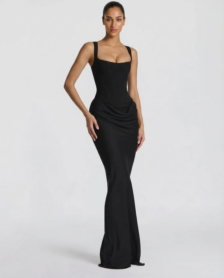 Maxi Dress for Women Fall Evening Dress with Square Neck and Draped Waist Silhouette
