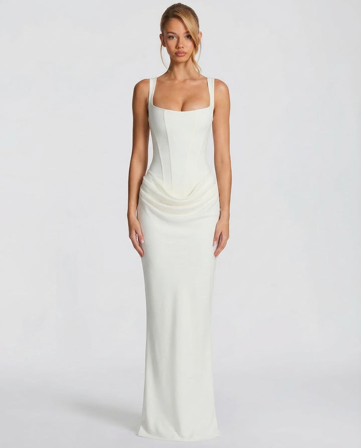 Maxi Dress for Women Fall Evening Dress with Square Neck and Draped Waist Silhouette