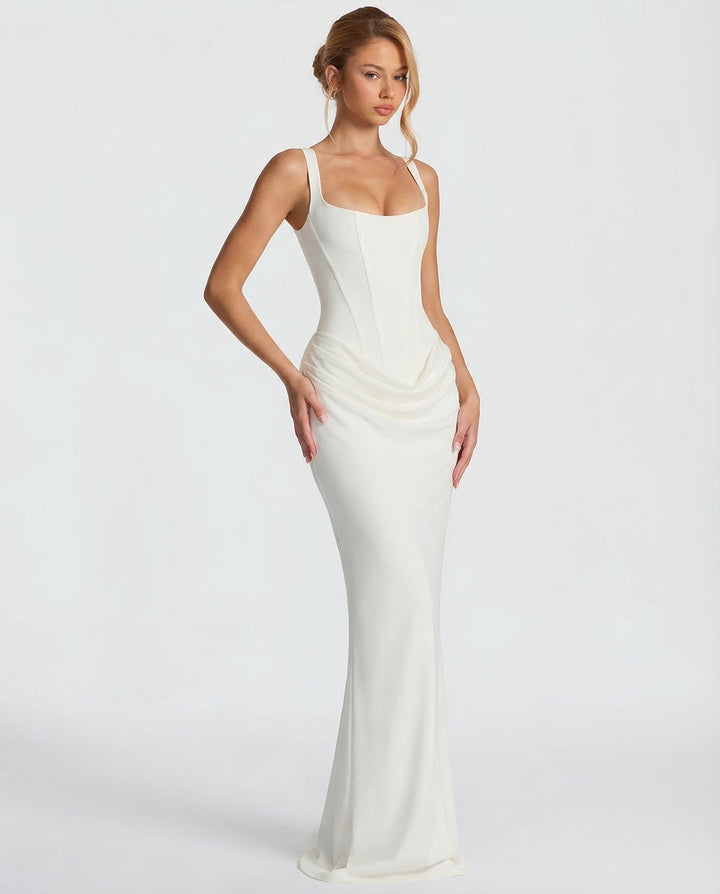 Maxi Dress for Women Fall Evening Dress with Square Neck and Draped Waist Silhouette