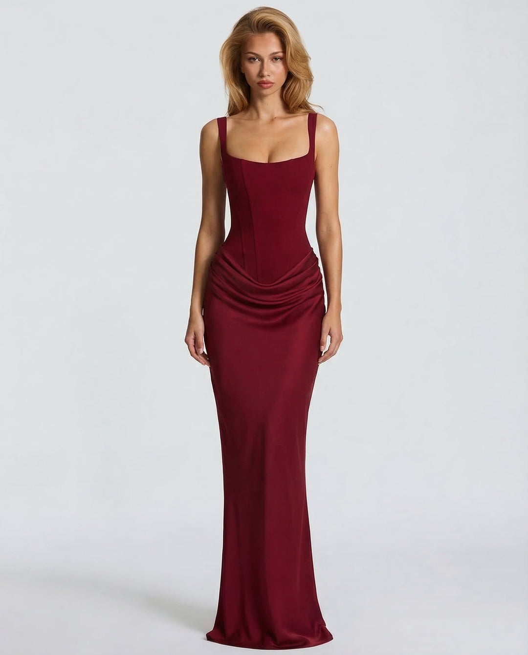 Maxi Dress for Women Fall Evening Dress with Square Neck and Draped Waist Silhouette