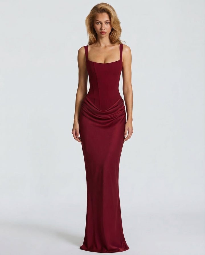 Maxi Dress for Women Fall Evening Dress with Square Neck and Draped Waist Silhouette