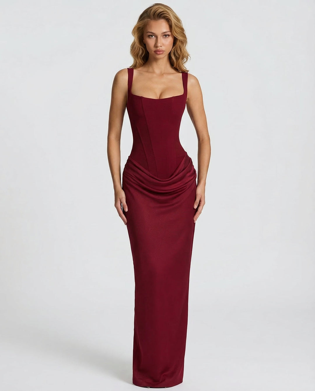 Maxi Dress for Women Fall Evening Dress with Square Neck and Draped Waist Silhouette