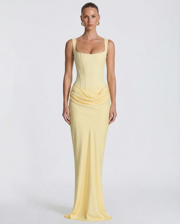 Maxi Dress for Women Fall Evening Dress with Square Neck and Draped Waist Silhouette