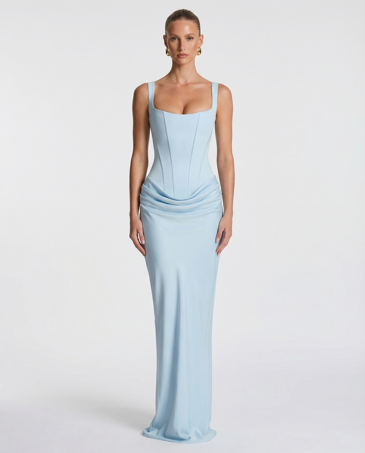 Maxi Dress for Women Fall Evening Dress with Square Neck and Draped Waist Silhouette