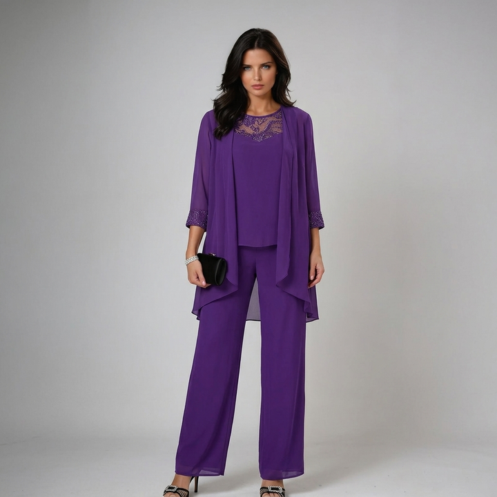Women's Three-Piece Lace Top and Wide-Leg Pants Set Autumn Outfit
