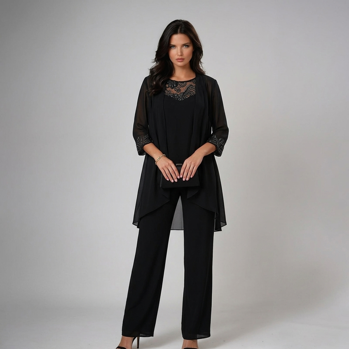 Women's Three-Piece Lace Top and Wide-Leg Pants Set Autumn Outfit