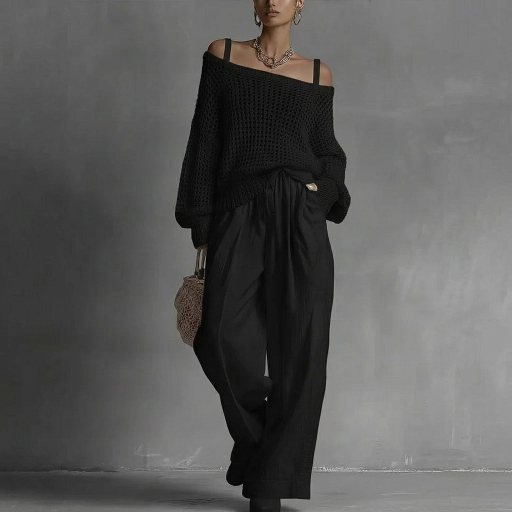 Women's Open Knit Two-Piece Set Spring Off Shoulder Sweater and Wide Leg Pants Outfit
