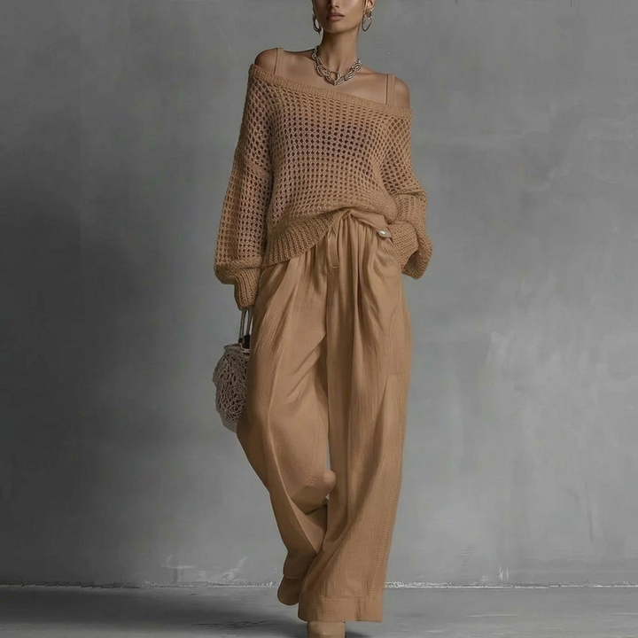 Women's Open Knit Two-Piece Set Spring Off Shoulder Sweater and Wide Leg Pants Outfit