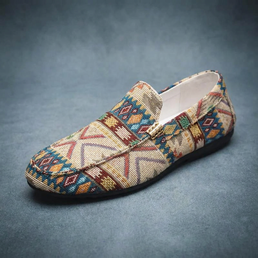 Men's Fabric Loafers Spring Slip-On Moccasins with Ethnic Print Casual Walking Shoes