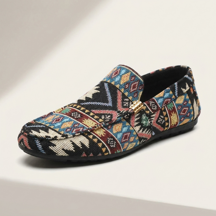 Men's Fabric Loafers Spring Slip-On Moccasins with Ethnic Print Casual Walking Shoes