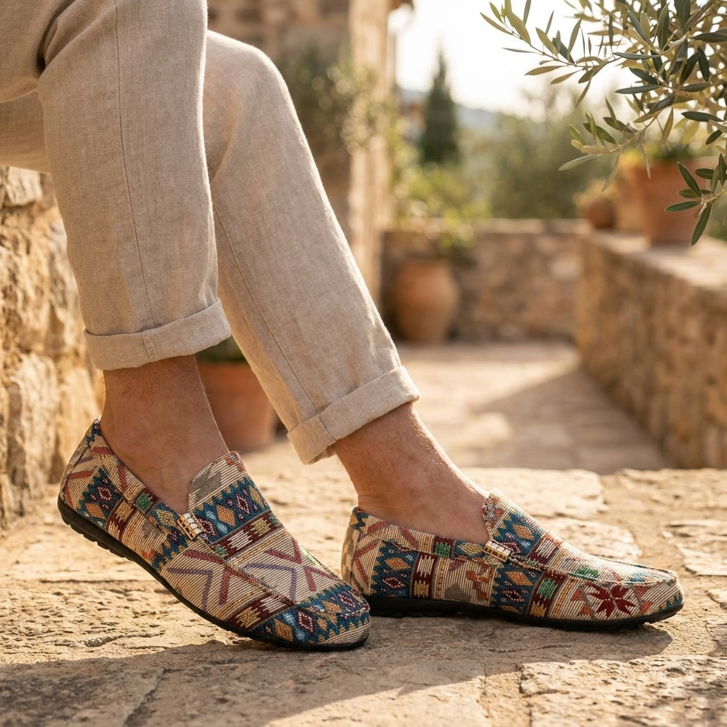 Men's Fabric Loafers Spring Slip-On Moccasins with Ethnic Print Casual Walking Shoes