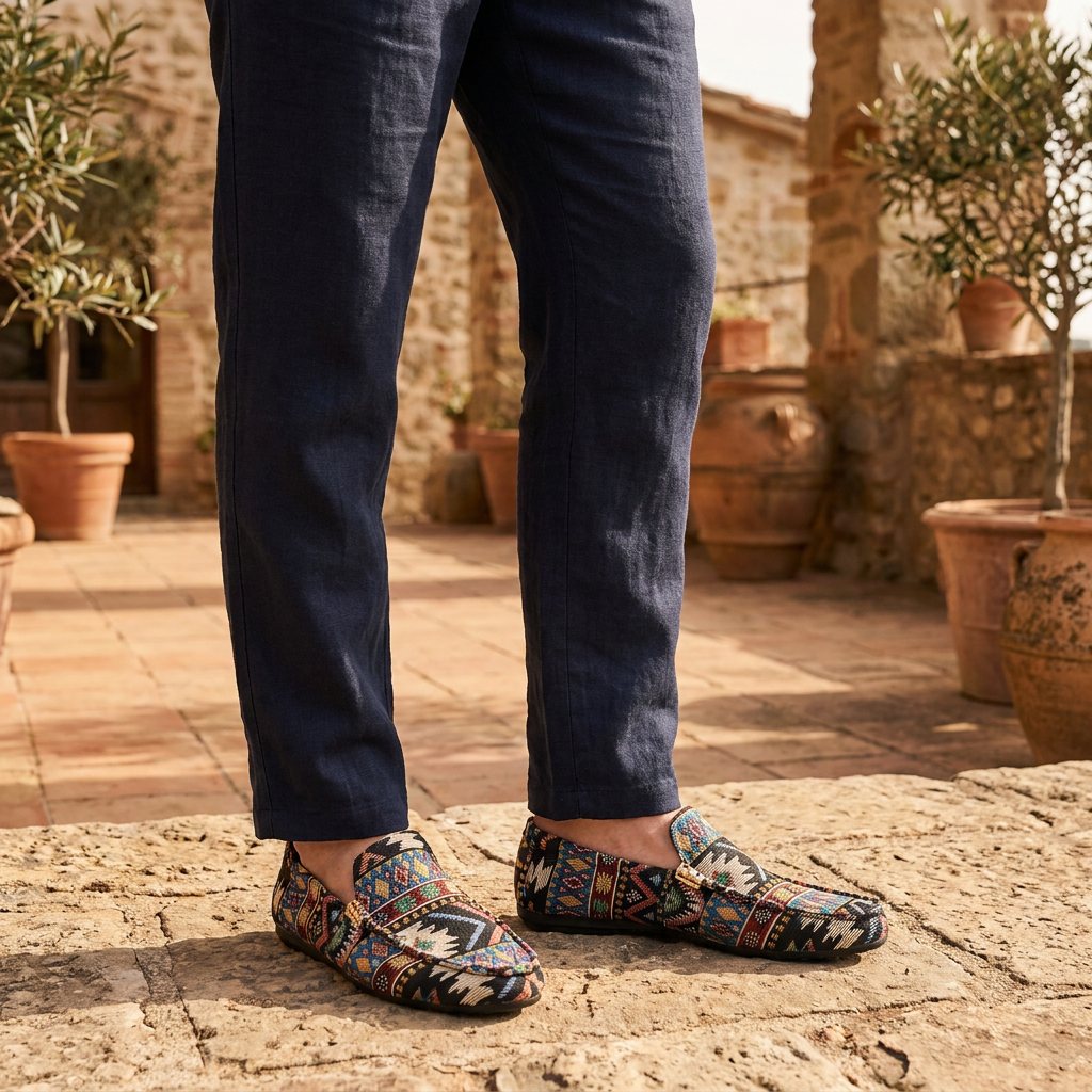 Men's Fabric Loafers Spring Slip-On Moccasins with Ethnic Print Casual Walking Shoes