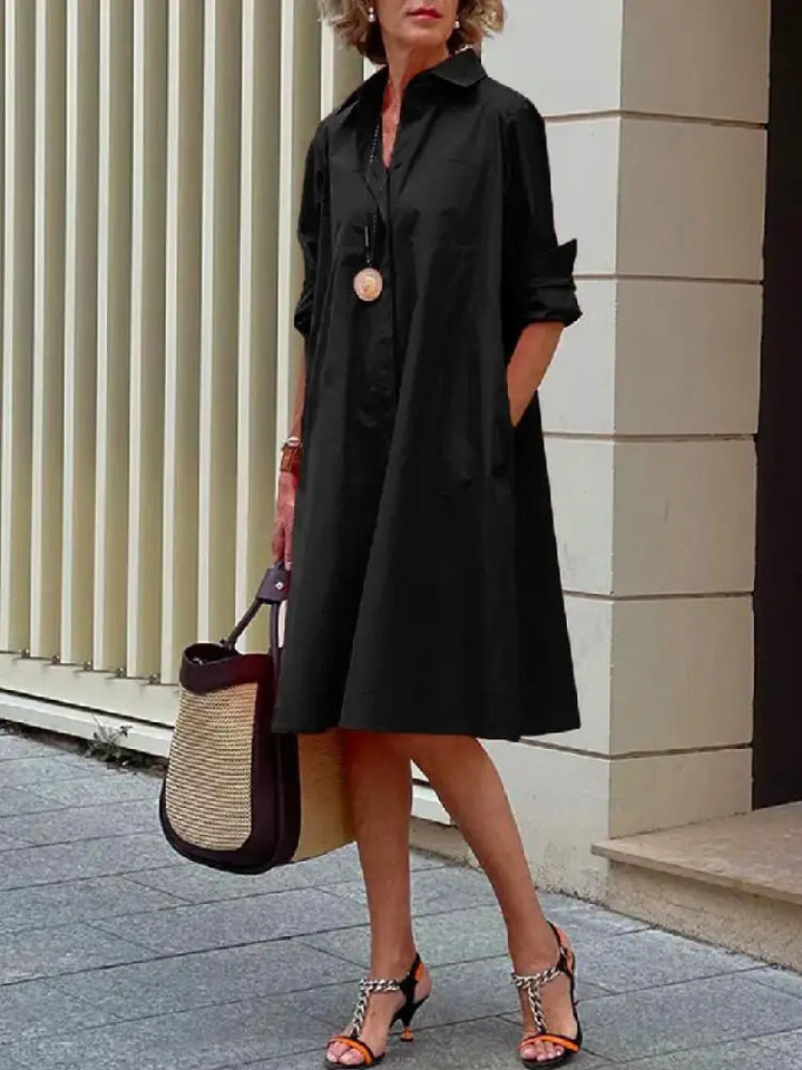 Women's Linen Midi Shirt Dress with Collar, Loose Fit for Autumn Casual Wear