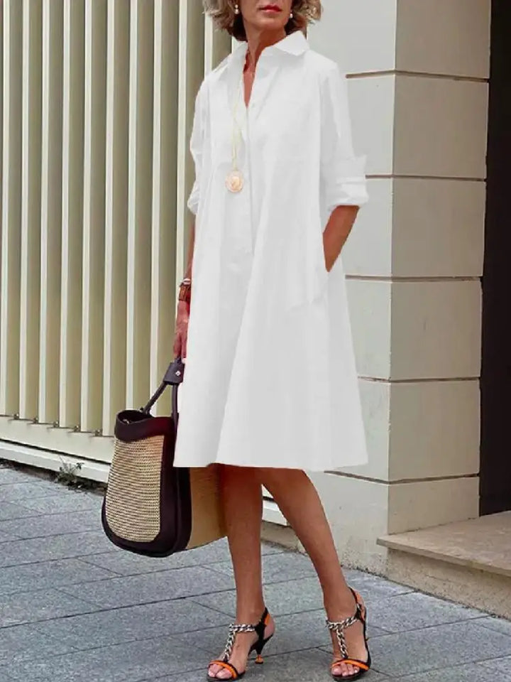 Women's Linen Midi Shirt Dress with Collar, Loose Fit for Autumn Casual Wear