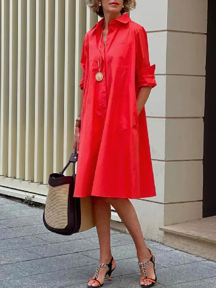 Women's Linen Midi Shirt Dress with Collar, Loose Fit for Autumn Casual Wear