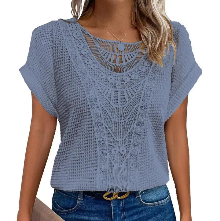 Women's Cotton Knit Top with Lace Details for Autumn Boho Style
