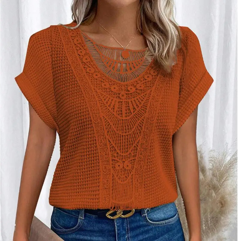 Women's Cotton Knit Top with Lace Details for Autumn Boho Style