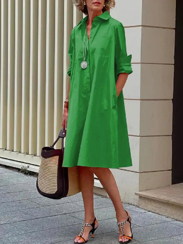 Women's Linen Midi Shirt Dress with Collar, Loose Fit for Autumn Casual Wear