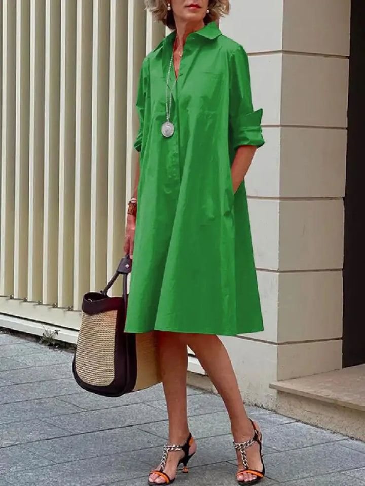 Women's Linen Midi Shirt Dress with Collar, Loose Fit for Autumn Casual Wear