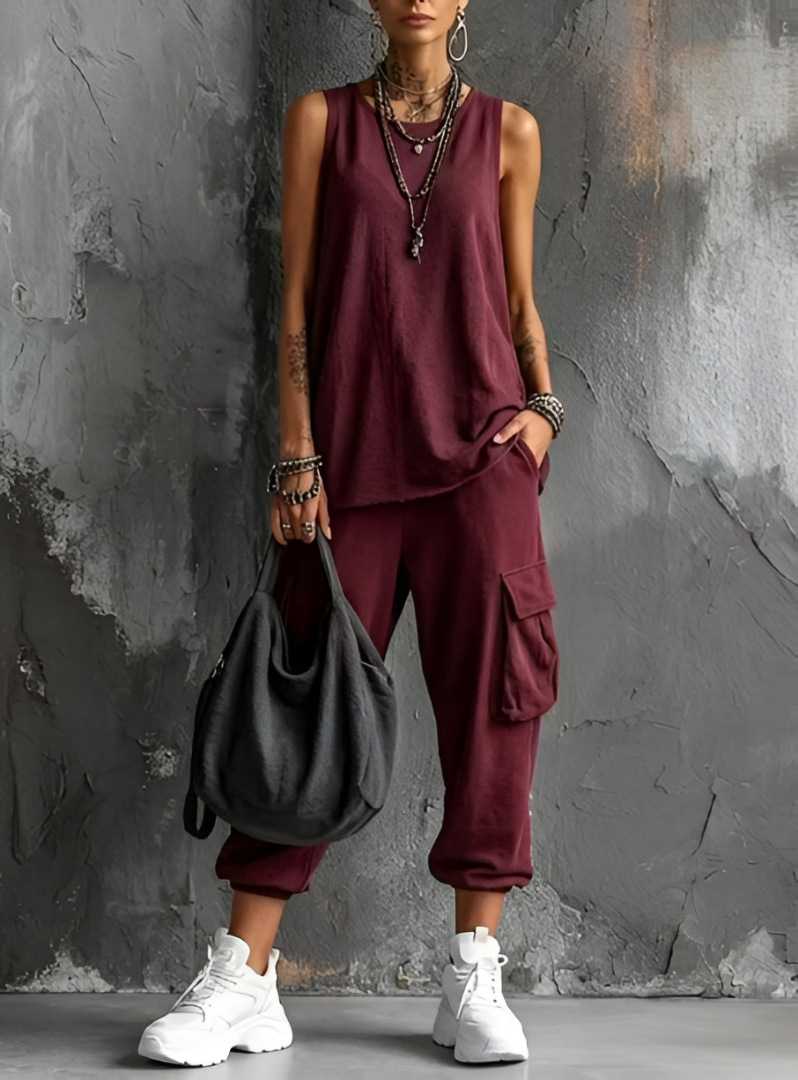 Women's Cotton Sleeveless Top and Cargo Pants Set Autumn Casual Set