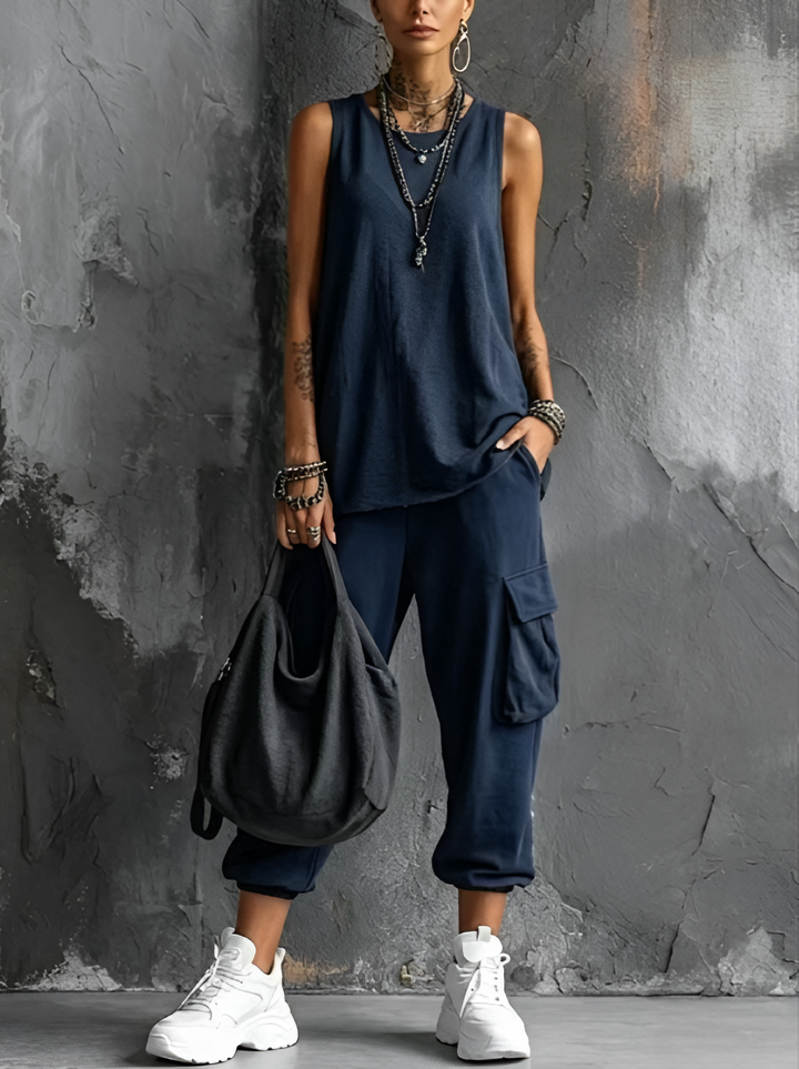 Women's Cotton Sleeveless Top and Cargo Pants Set Autumn Casual Set