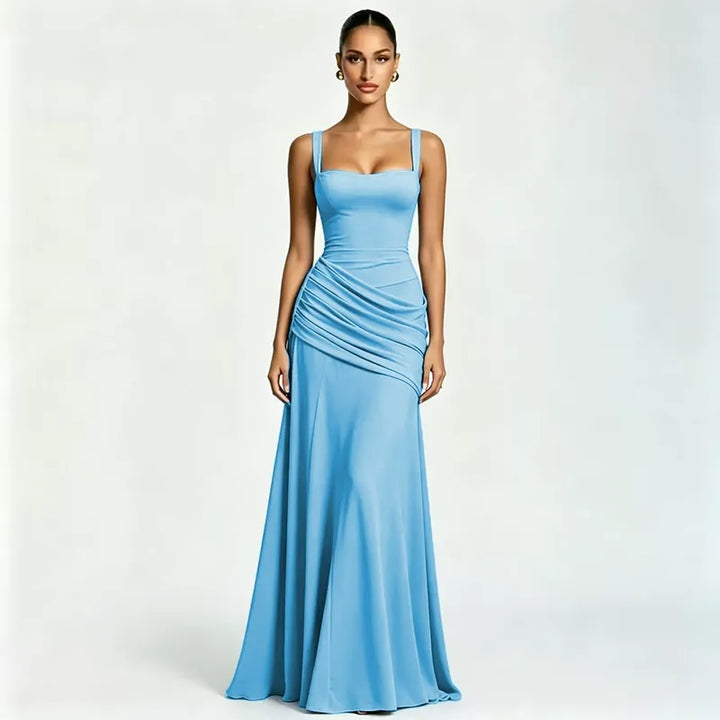 Women's Square Neck Draped Maxi Dress Autumn Evening Outfit