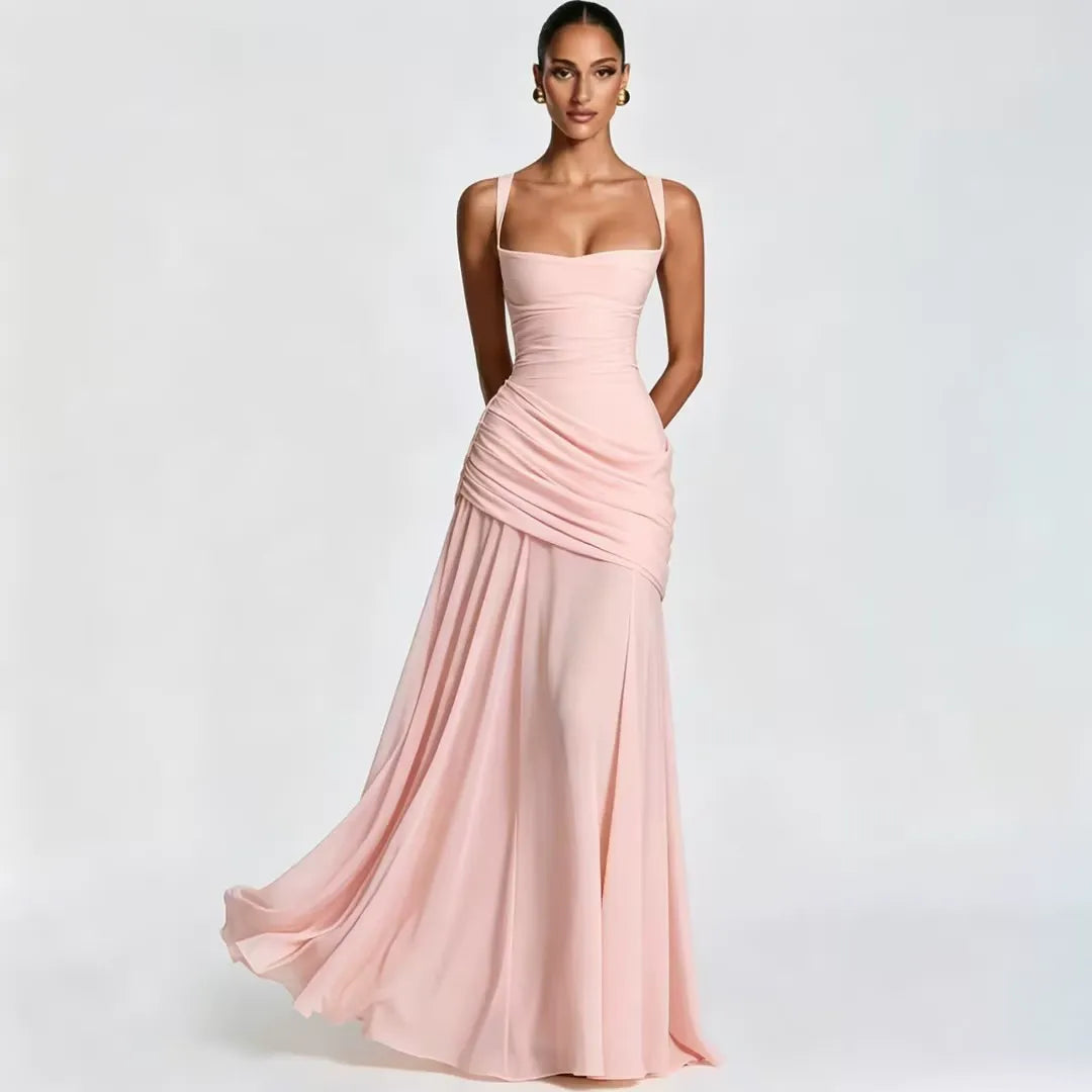 Women's Square Neck Draped Maxi Dress Autumn Evening Outfit