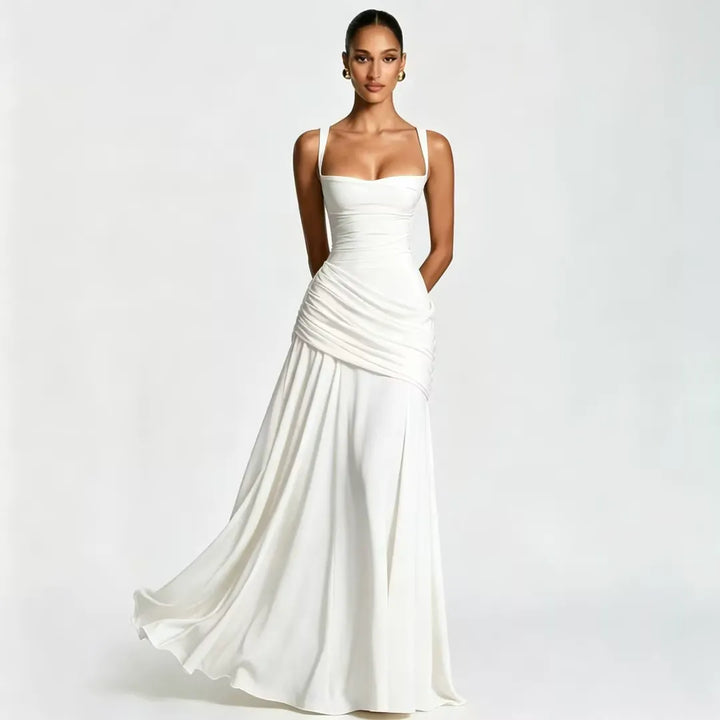 Women's Square Neck Draped Maxi Dress Autumn Evening Outfit