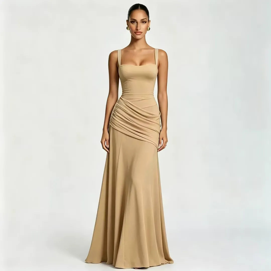 Women's Square Neck Draped Maxi Dress Autumn Evening Outfit