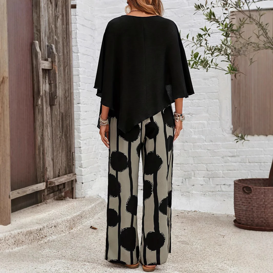 Women's Polyester Printed Two-Piece Set Autumn Wide-Leg Outfit