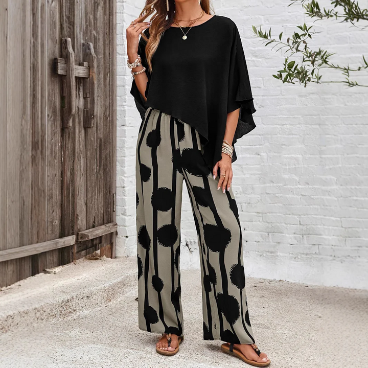 Women's Polyester Printed Two-Piece Set Autumn Wide-Leg Outfit