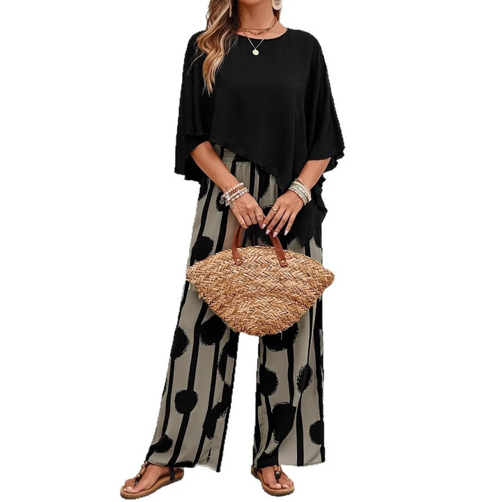 Women's Polyester Printed Two-Piece Set Autumn Wide-Leg Outfit