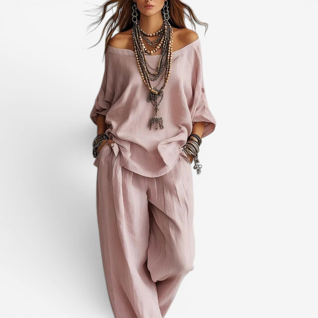 Women's Bohemian Two-Piece Set Autumn Flowy Tunic Wide-Leg Set