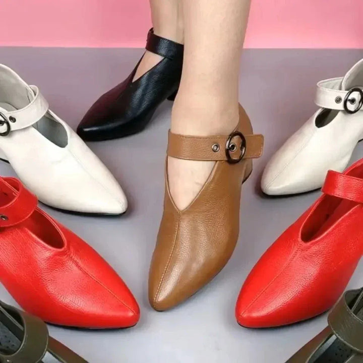 Women's Leather Pointed Toe Block Heel Pumps Spring Buckle Strap Comfortable Work Shoes