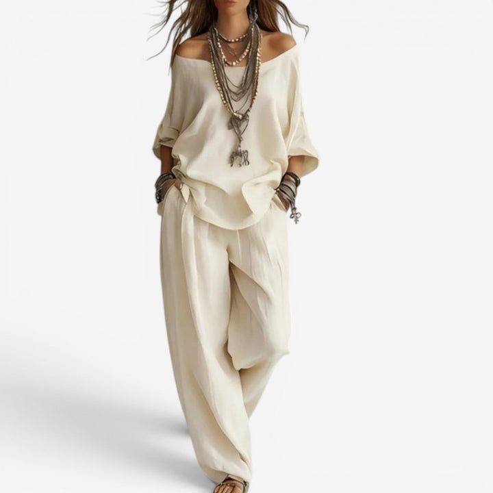 Women's Bohemian Two-Piece Set Autumn Flowy Tunic Wide-Leg Set