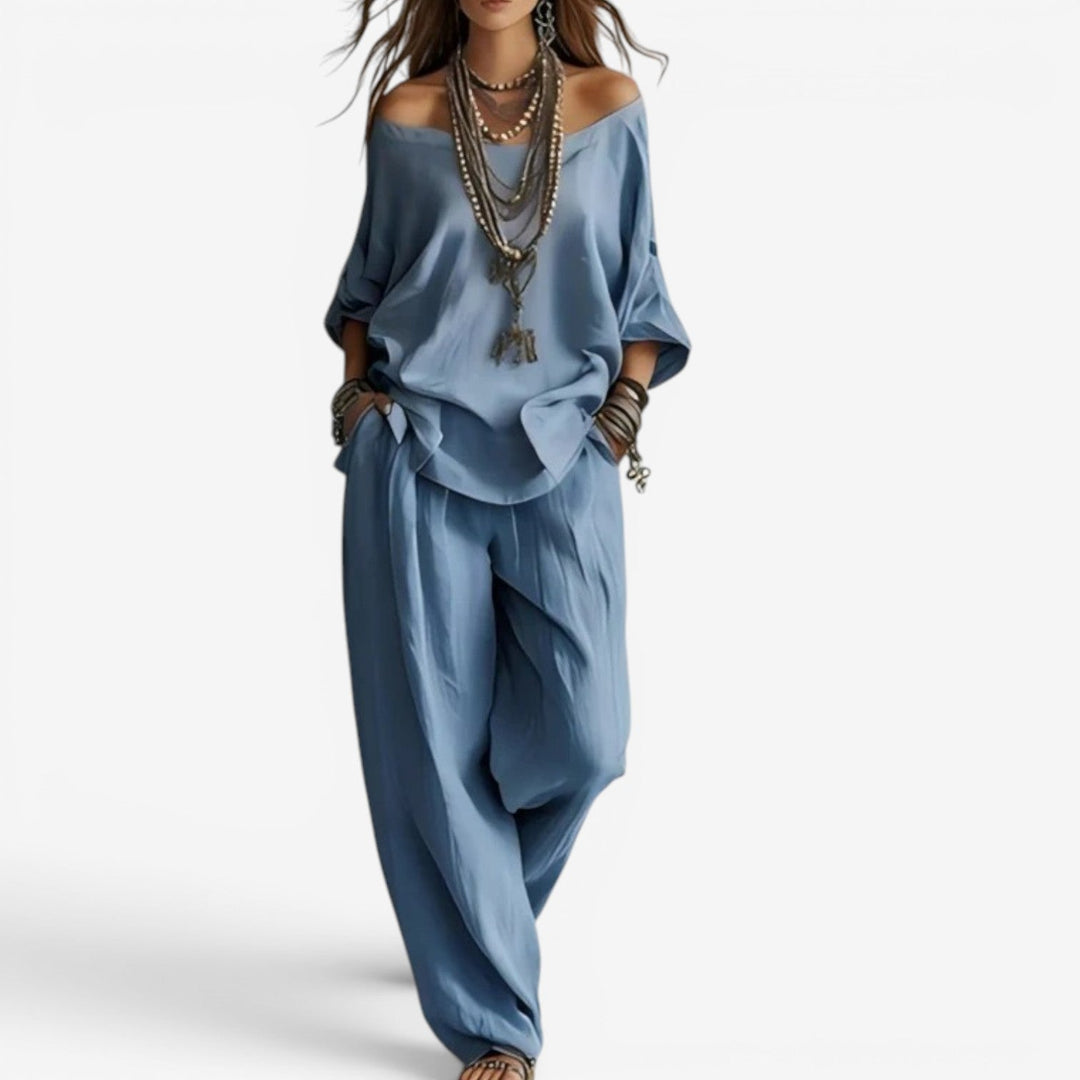 Women's Bohemian Two-Piece Set Autumn Flowy Tunic Wide-Leg Set