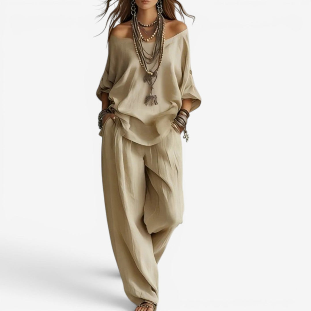 Women's Bohemian Two-Piece Set Autumn Flowy Tunic Wide-Leg Set