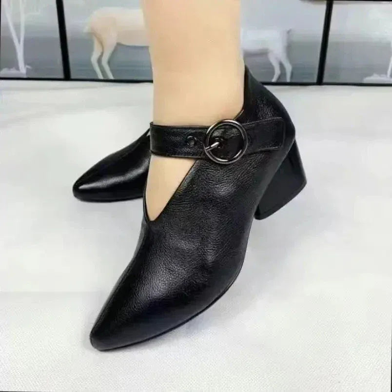 Women's Leather Pointed Toe Block Heel Pumps Spring Buckle Strap Comfortable Work Shoes
