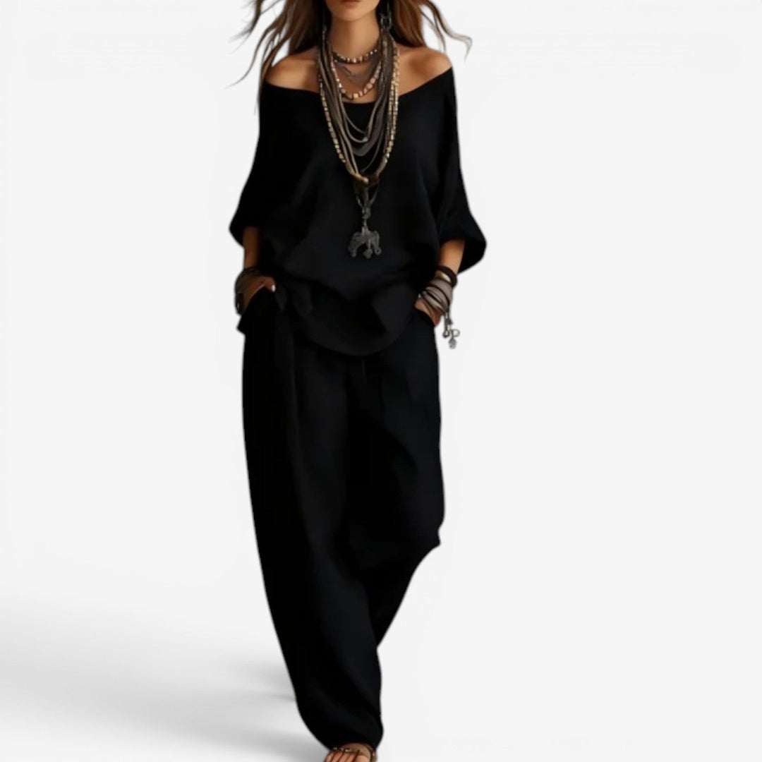 Women's Bohemian Two-Piece Set Autumn Flowy Tunic Wide-Leg Set