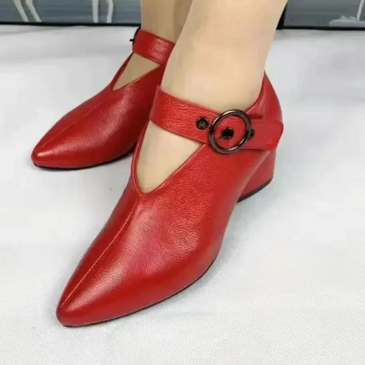 Women's Leather Pointed Toe Block Heel Pumps Spring Buckle Strap Comfortable Work Shoes