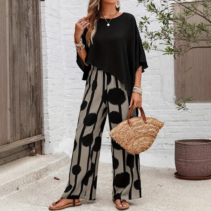 Women's Polyester Printed Two-Piece Set Autumn Wide-Leg Outfit
