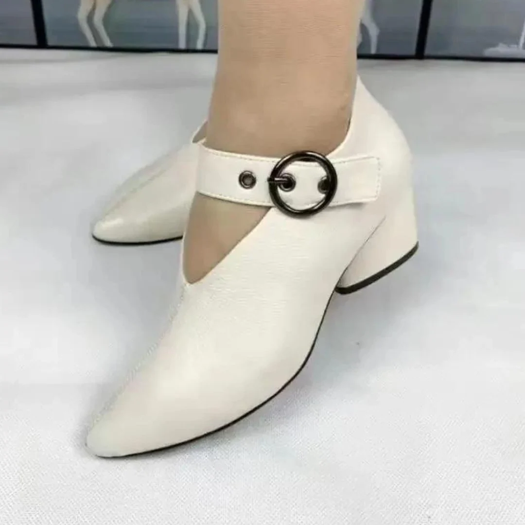 Women's Leather Pointed Toe Block Heel Pumps Spring Buckle Strap Comfortable Work Shoes