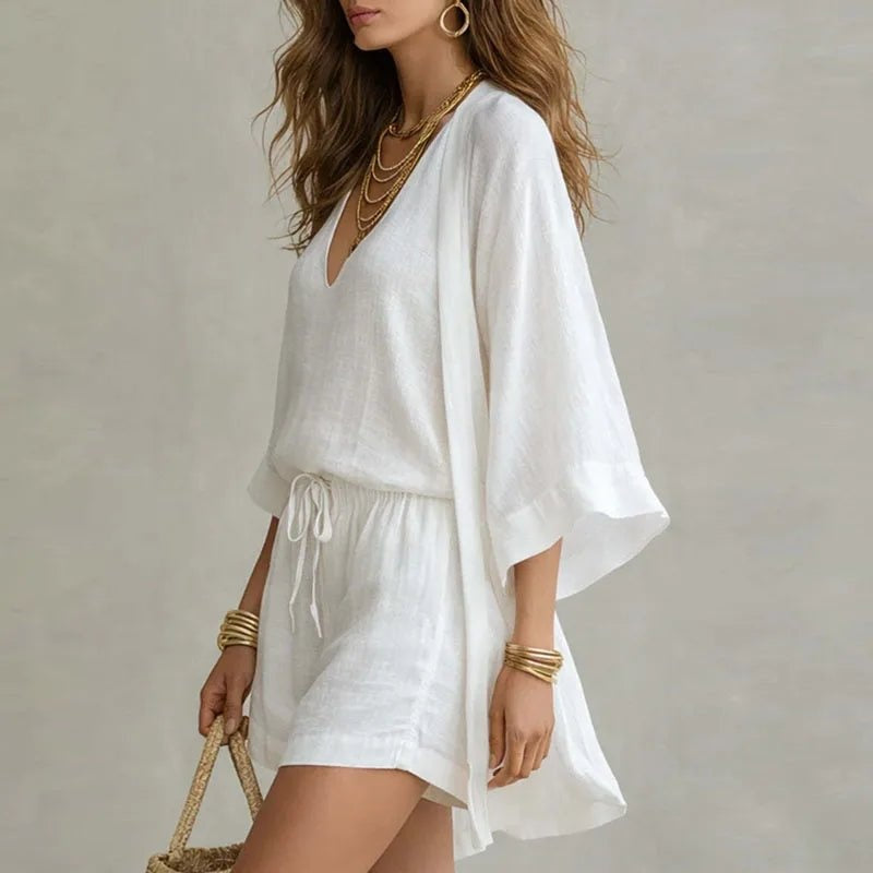 Women's 3-Piece V-Neck Top Shorts and Kimono Linen Set Autumn