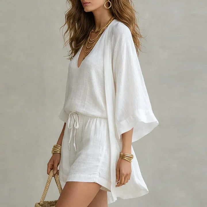 Women's 3-Piece V-Neck Top Shorts and Kimono Linen Set Autumn