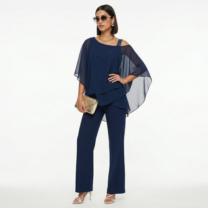Elegant Women's Chiffon Set with Asymmetrical Neckline