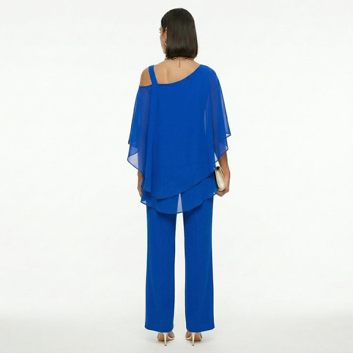 Elegant Women's Chiffon Set with Asymmetrical Neckline
