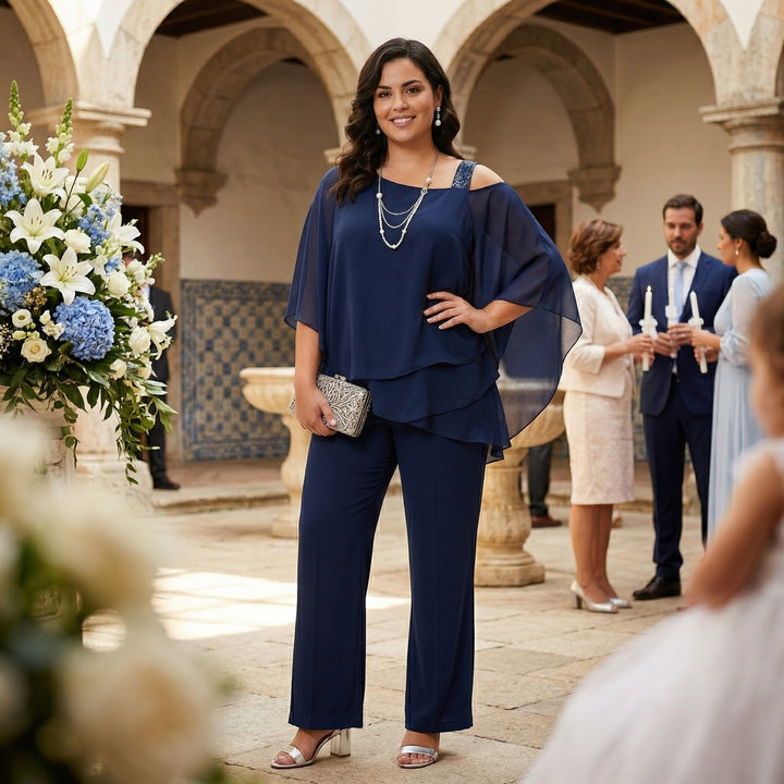 Elegant Women's Chiffon Set with Asymmetrical Neckline